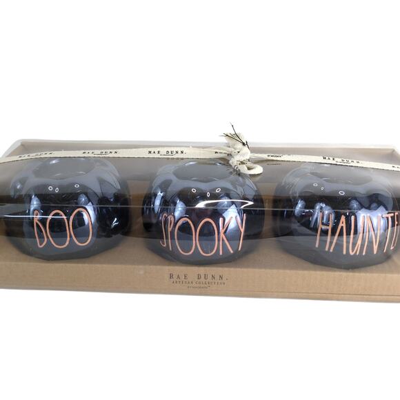 NEW Rae Dunn 3-pk Ceramic Lustreware Halloween Pumpkin Tea Light Candle Holders - Picture 3 of 6